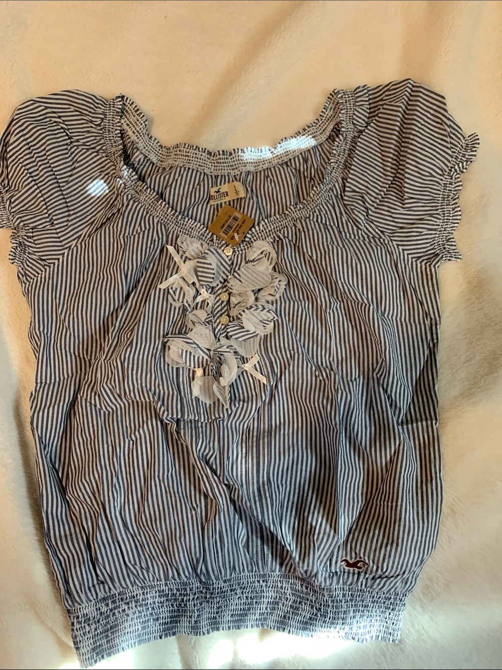 Hollister Navy and White Striped Puff-Sleeve Blouse with Front Appliqué